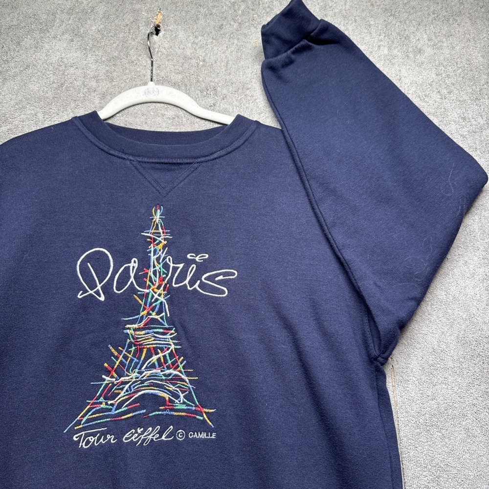 Vintage 90s Paris‎ Eiffel Tower Sweatshirt Blue Embroidered Souvenir Medium